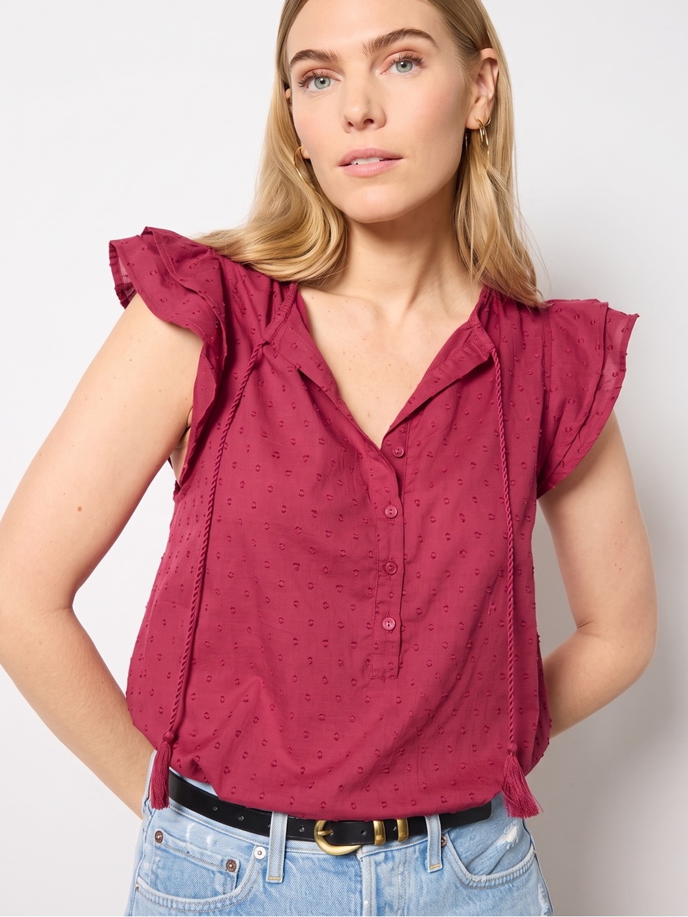 Emerson Fry Organic Cotton Swiss Dot Flutter Sleeve Top Berry Pink Size XS NWT